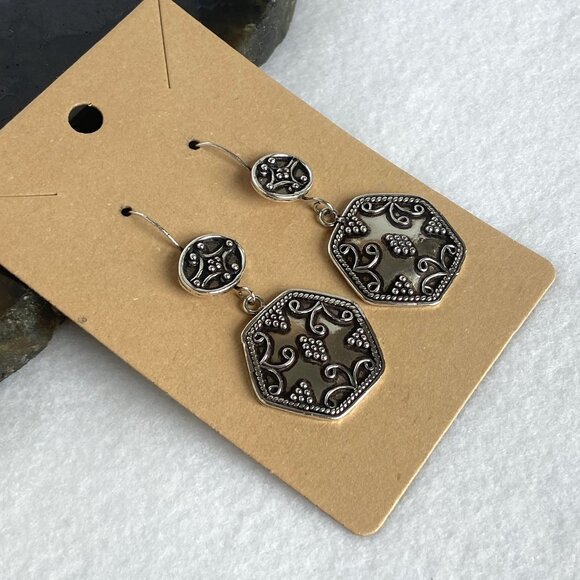 VTG Sterling Silver 925 Etruscan Moroccan Style Hexagonal Drop Dangle Earrings - Picture 2 of 16